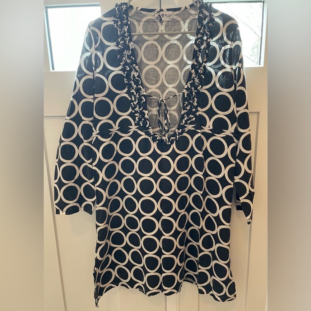 Mud pie Tunic Dress Bag Lady large black white preppy ruffle Mudpie